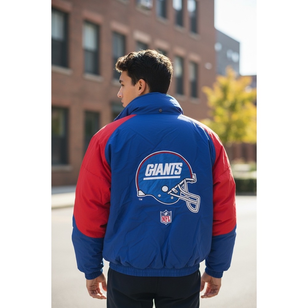 Vintage Logo 7 New York Giants NFL Puffer Jacket Mens Large Blue‎ Red 90s Zip Up
